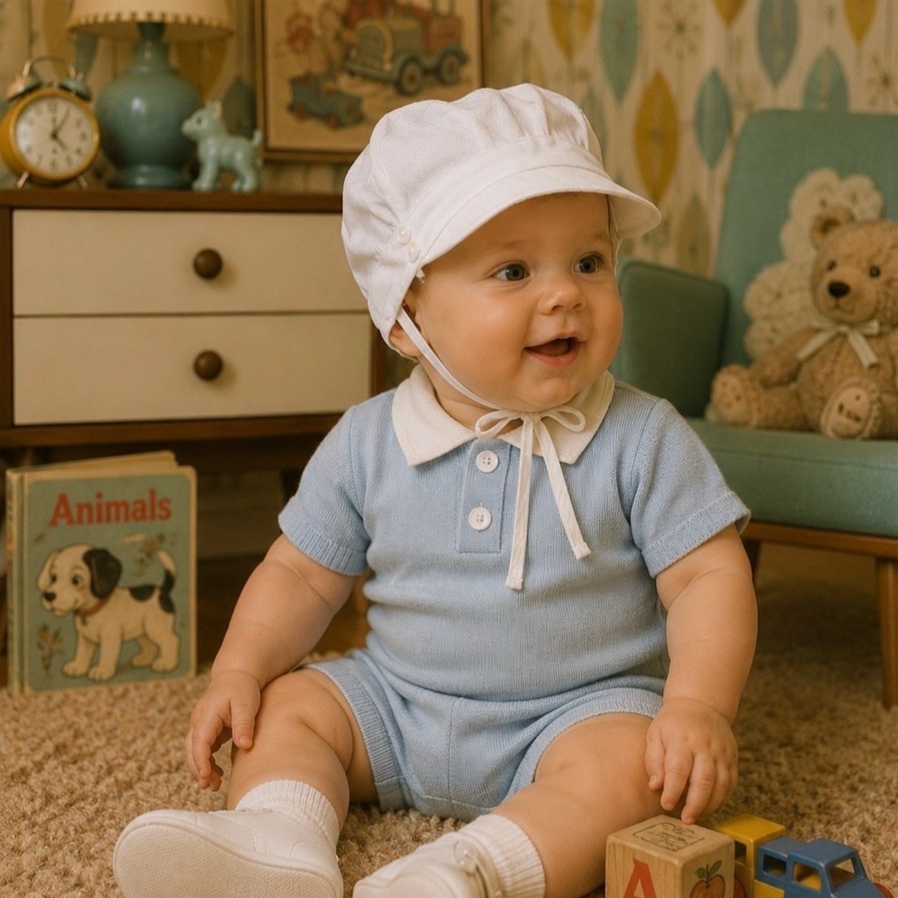 Petit‎ Ami Baby Boy Bonnet Cap White Brim Chin Ties Vintage 1960s 1970s heirloom